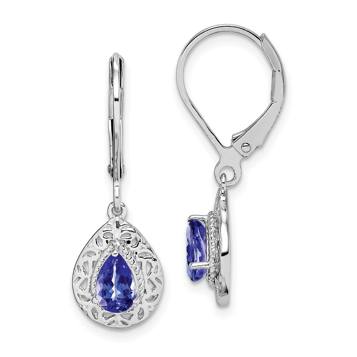 Sterling Silver Teardrop Earrings with Tanzanite, Filigree Leverback Dangle Style