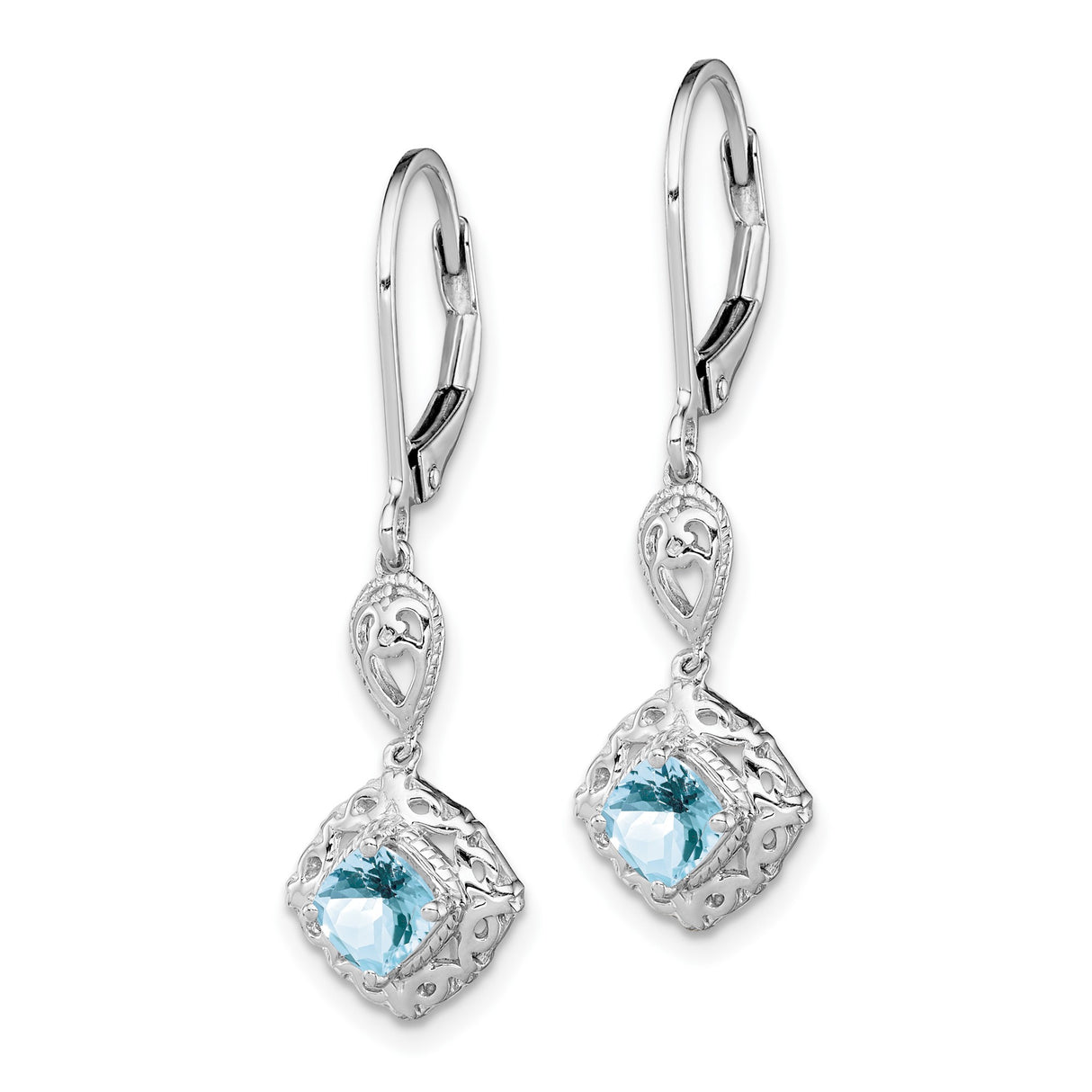 Sterling Silver Dangle Earrings with Aquamarine and Diamond in Vintage Filigree Heart Design