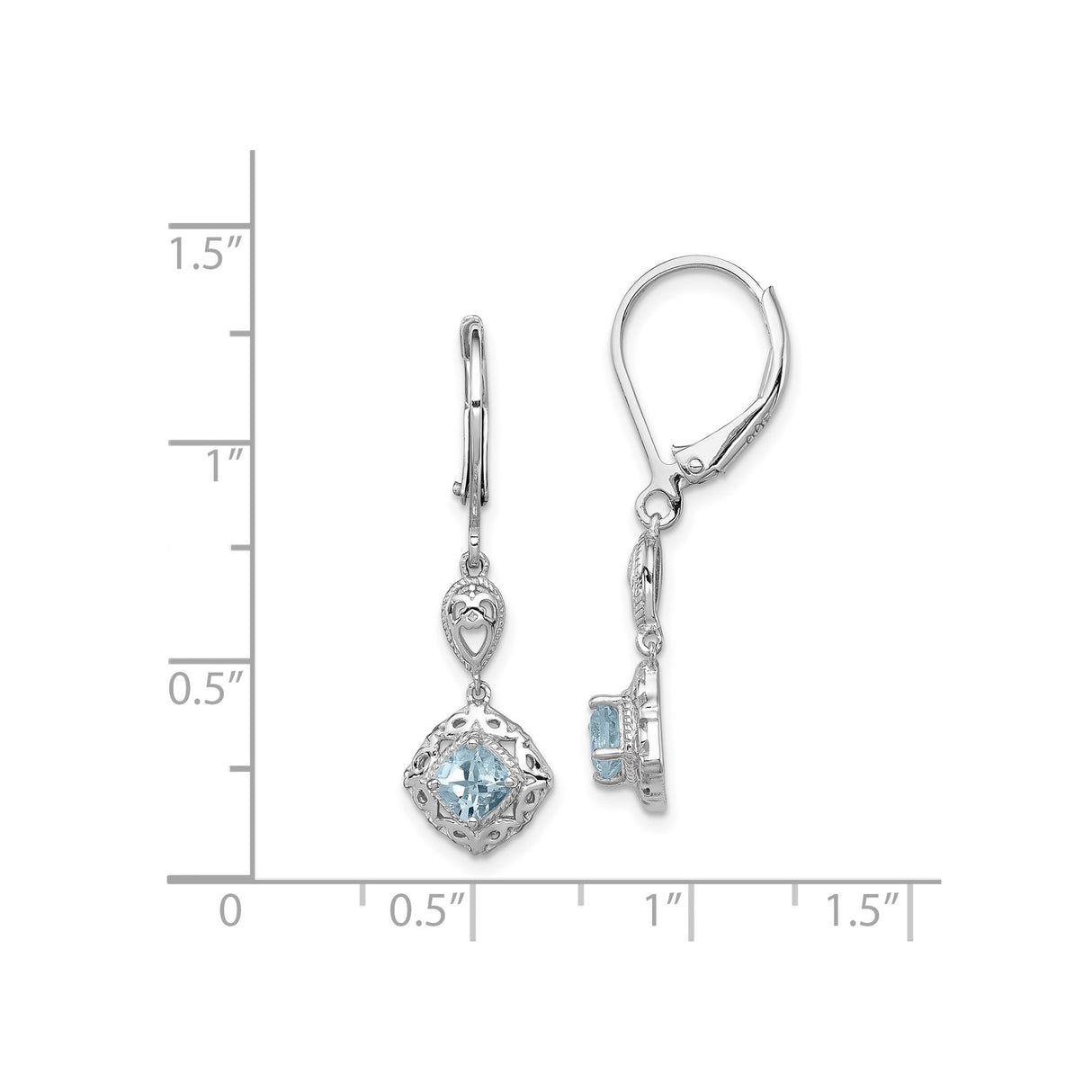 Sterling Silver Dangle Earrings with Aquamarine and Diamond in Vintage Filigree Heart Design