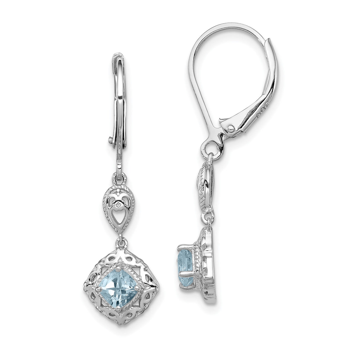 Sterling Silver Dangle Earrings with Aquamarine and Diamond in Vintage Filigree Heart Design