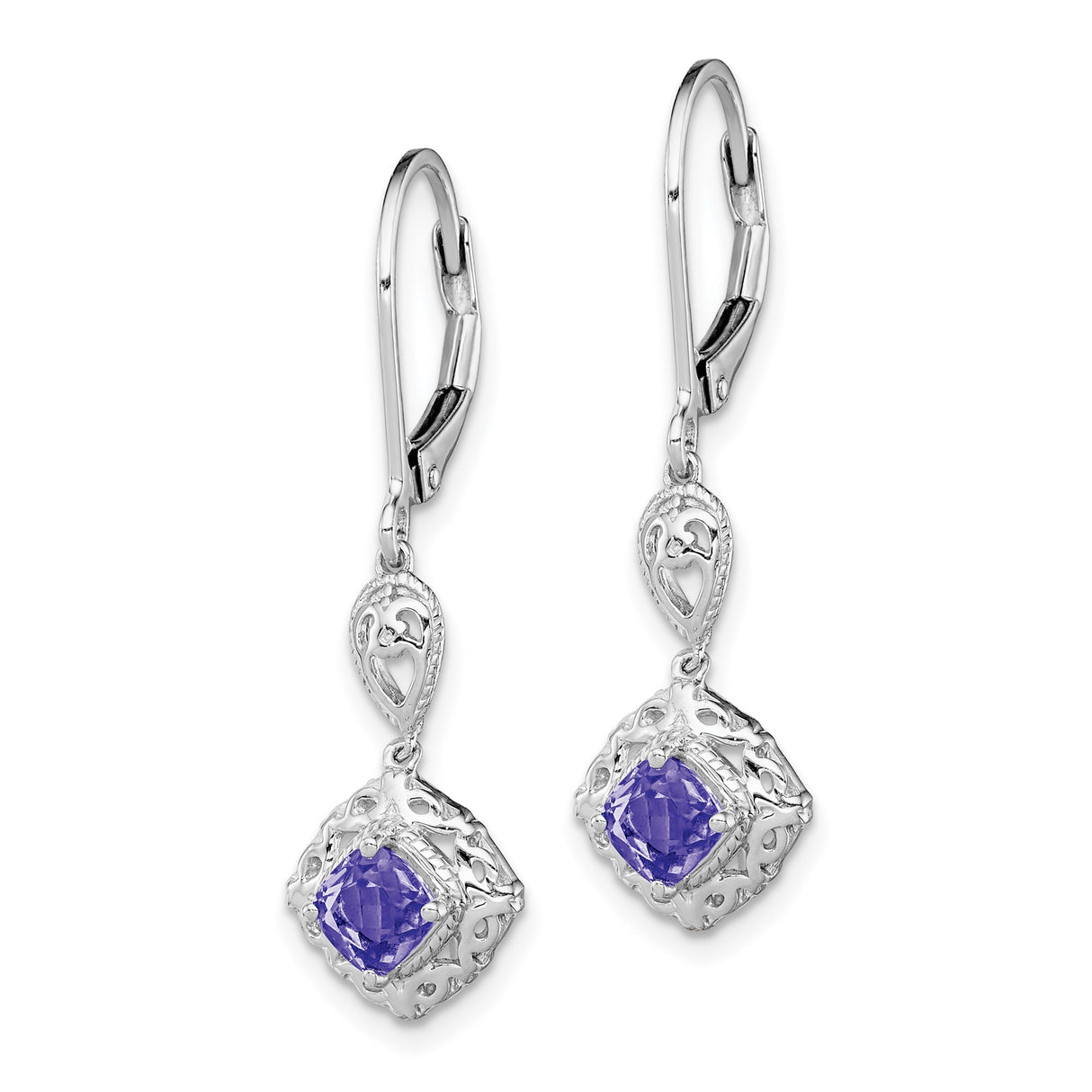 Sterling Silver Dangle Earrings with Tanzanite and Diamond, Filigree Heart Vintage Style Leverback