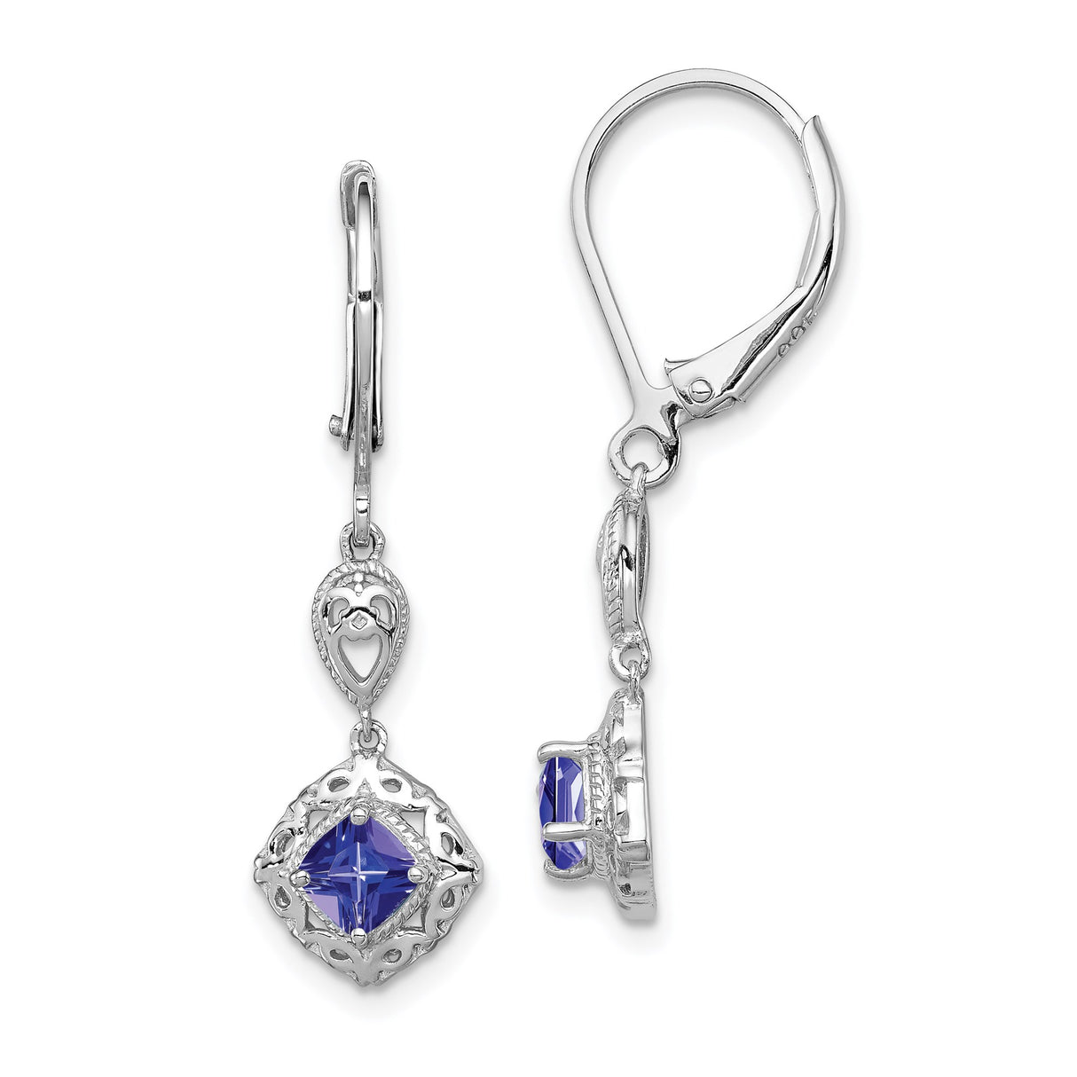 Sterling Silver Dangle Earrings with Tanzanite and Diamond, Filigree Heart Vintage Style Leverback