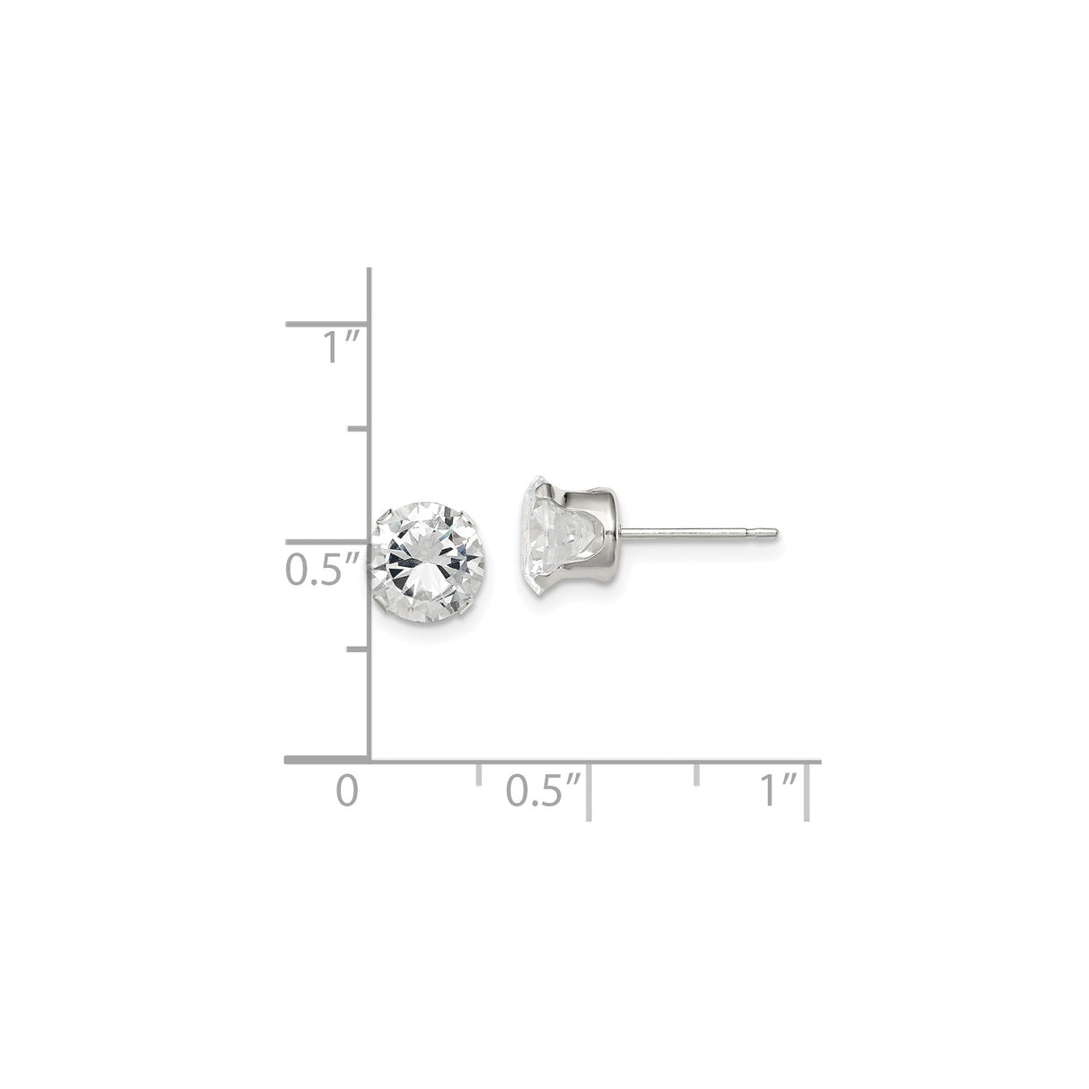Sterling Silver Stud Earrings with Round Cubic Zirconia in Prong Setting, Minimalist Style