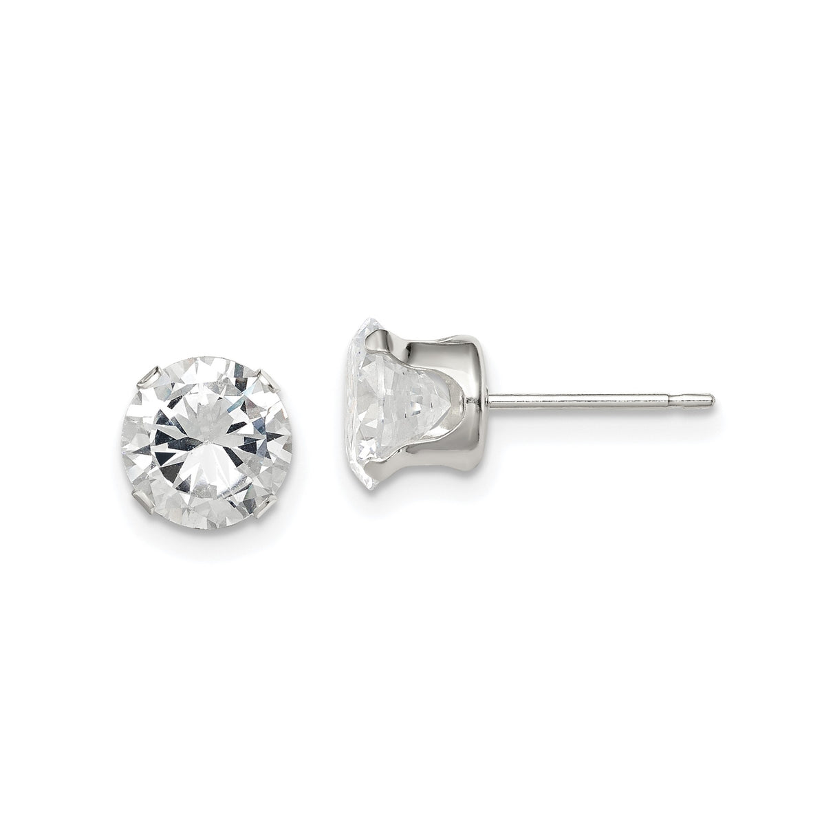 Sterling Silver Stud Earrings with Round Cubic Zirconia in Prong Setting, Minimalist Style