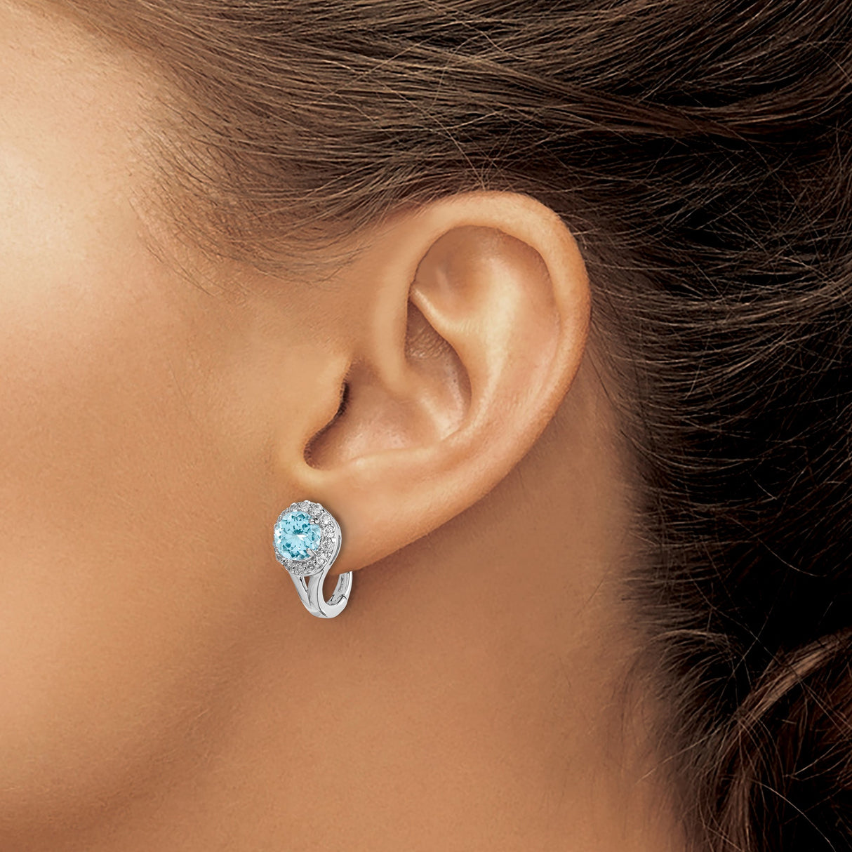 Sterling Silver Leverback Earrings with Swiss Blue Topaz and White Topaz Halo