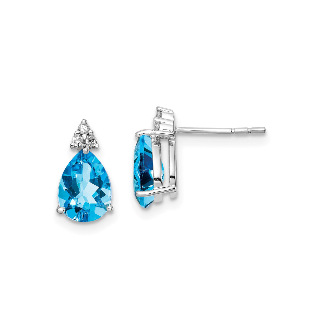 Sterling Silver Teardrop Stud Earrings with Swiss Blue Topaz and Diamond Accents