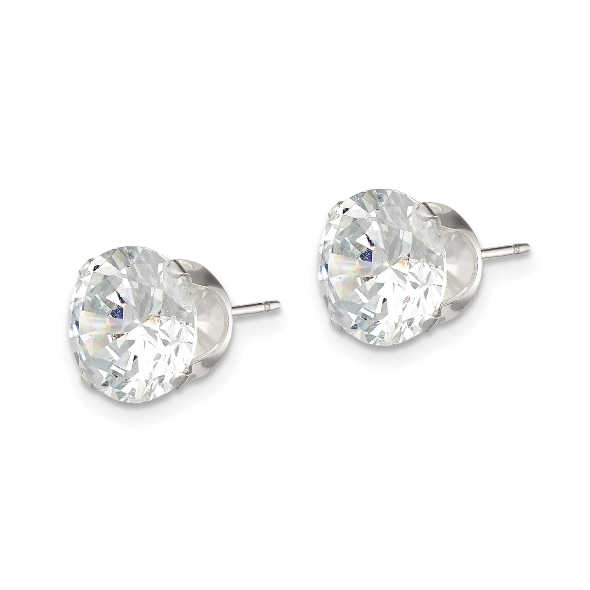 Sterling Silver Stud Earrings with Large Round Cubic Zirconia in Four Prong Setting