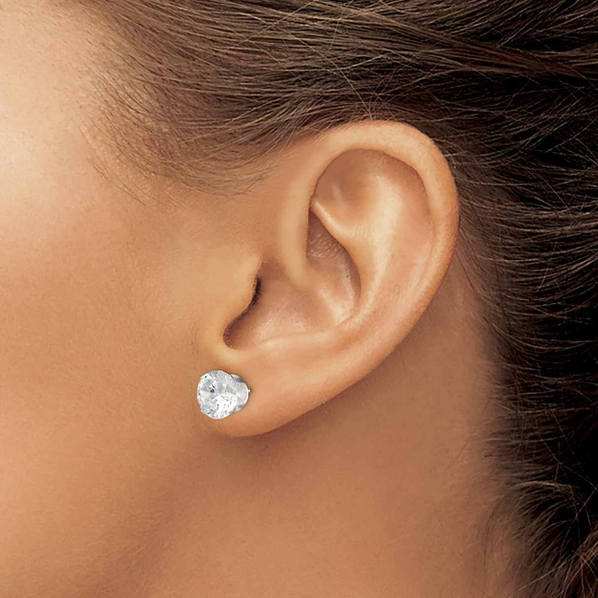 Sterling Silver Stud Earrings with Large Round Cubic Zirconia in Four Prong Setting