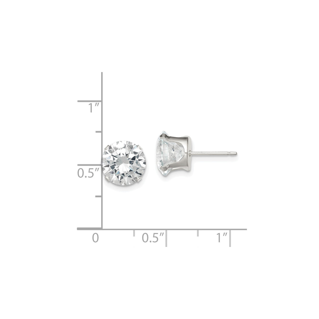 Sterling Silver Stud Earrings with Large Round Cubic Zirconia in Four Prong Setting