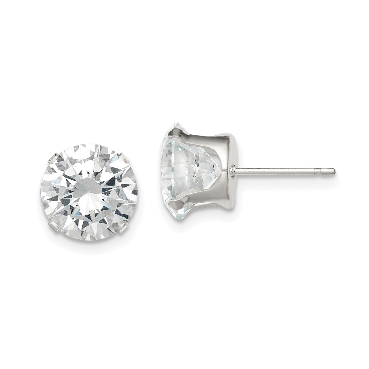 Sterling Silver Stud Earrings with Large Round Cubic Zirconia in Four Prong Setting