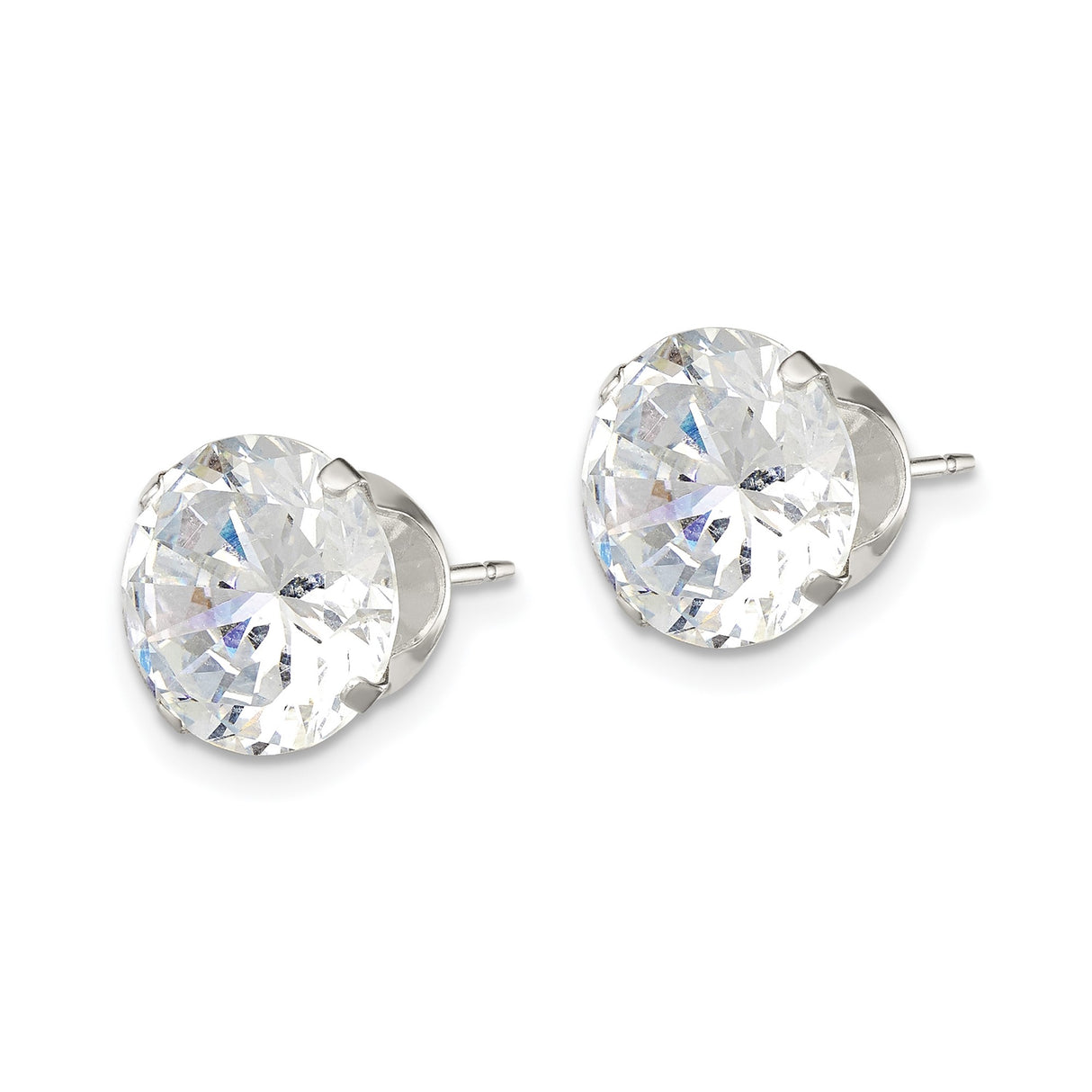 Sterling Silver Stud Earrings with Round Cubic Zirconia, Solitaire Four Prong Design