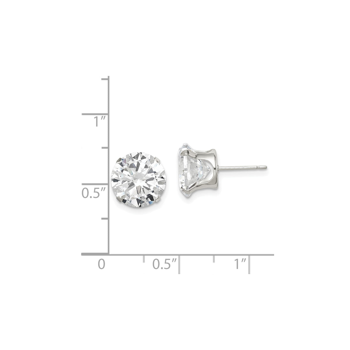 Sterling Silver Stud Earrings with Round Cubic Zirconia, Solitaire Four Prong Design