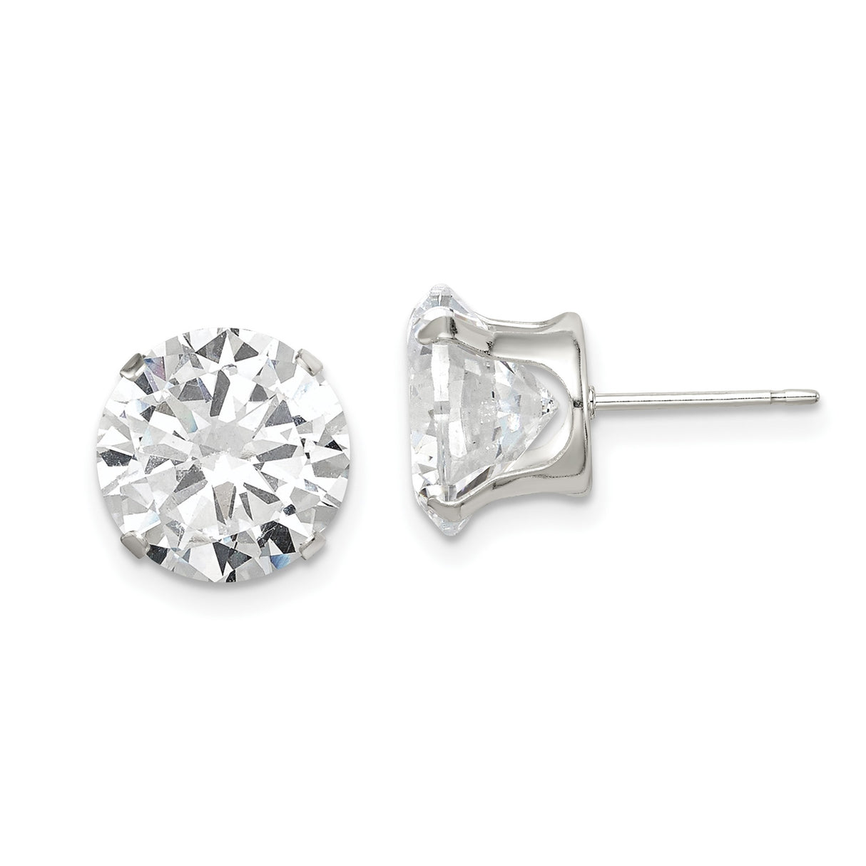Sterling Silver Stud Earrings with Round Cubic Zirconia, Solitaire Four Prong Design
