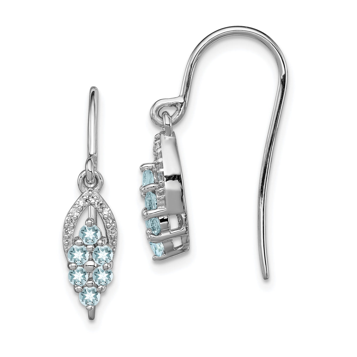Sterling Silver Dangle Earrings with Aquamarine Cluster and Diamond Accents, Floral Drop Style