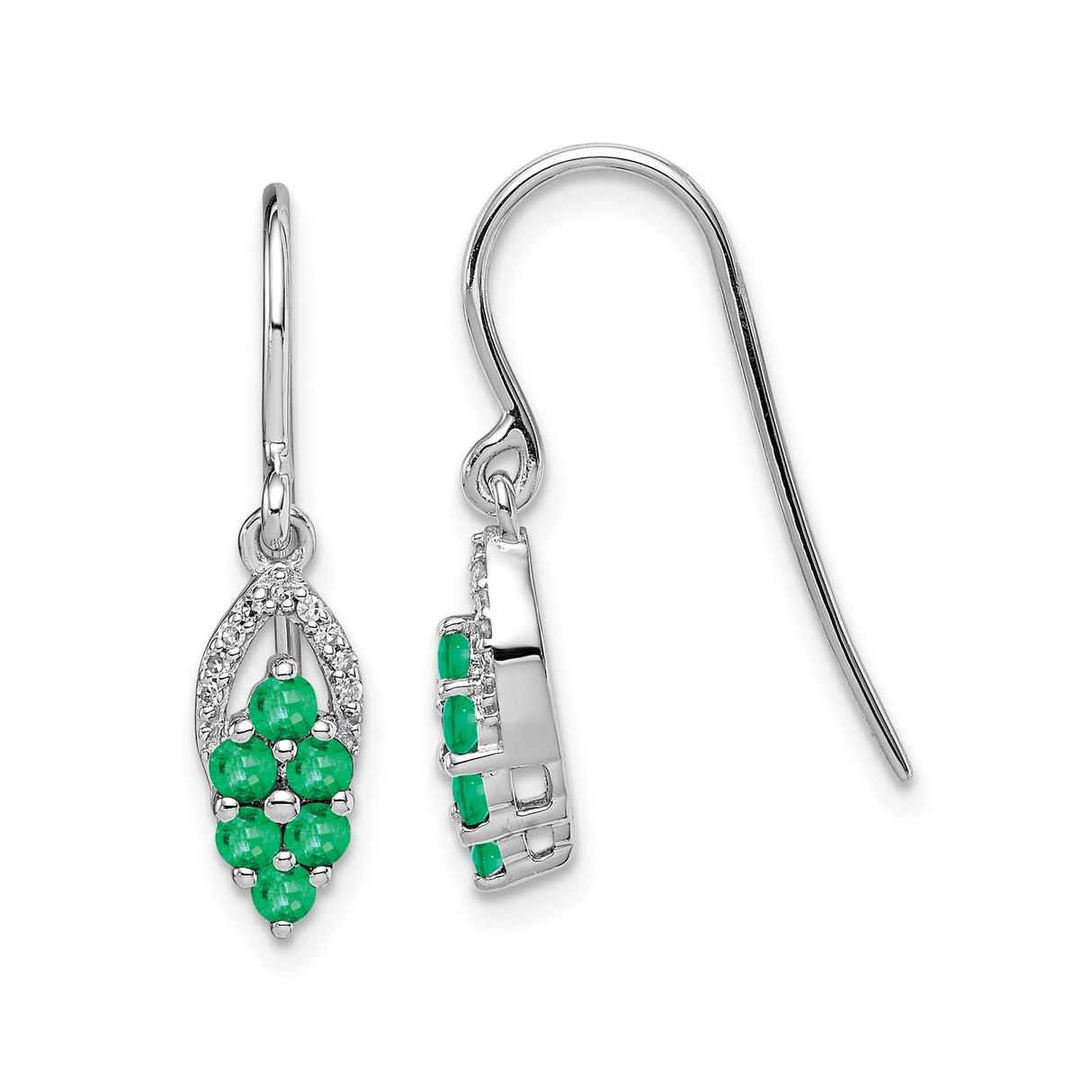 Sterling Silver Dangle Earrings with Emerald Cluster and Diamond Accents, Teardrop Botanical Design