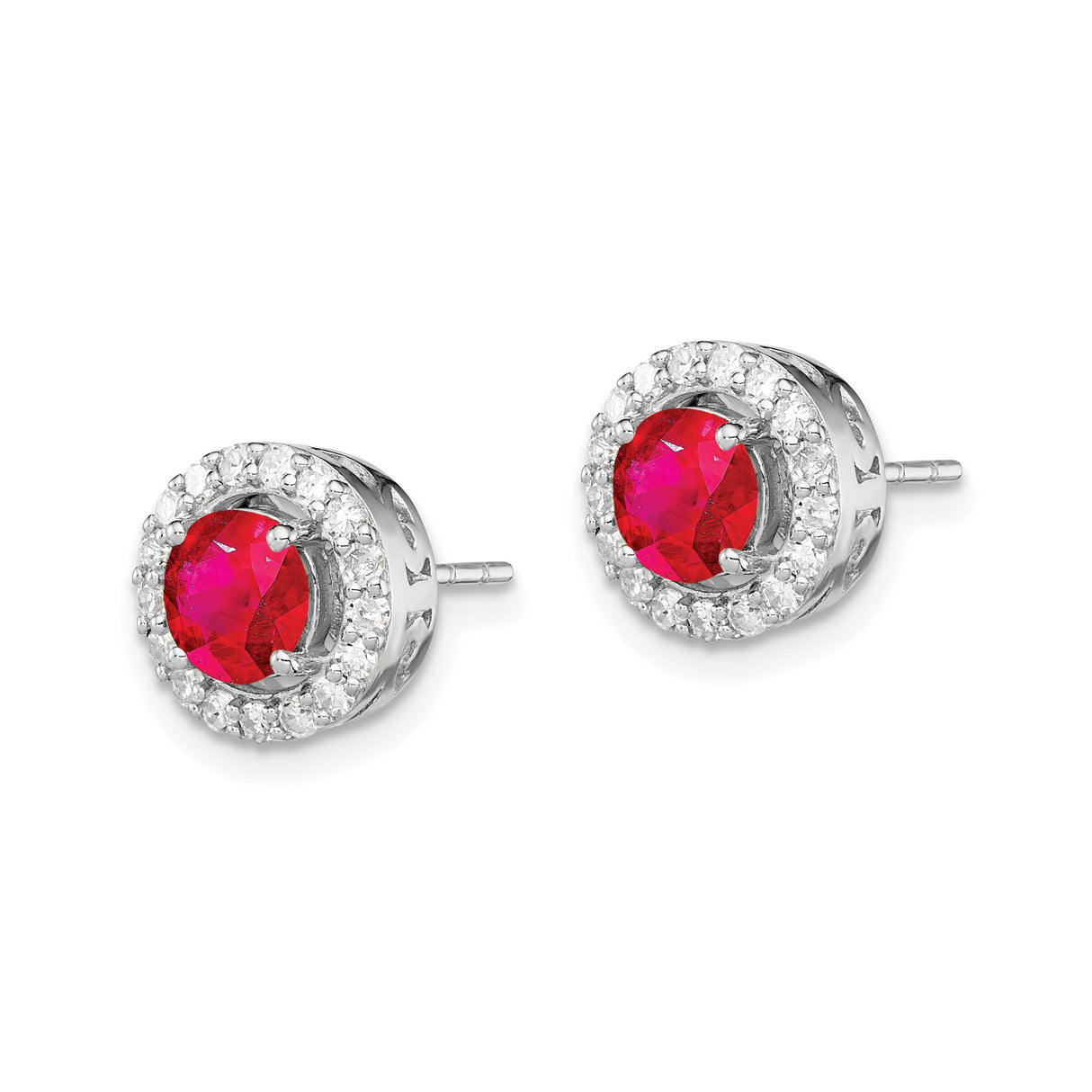 Sterling Silver Stud Earrings with Created Ruby and Diamond Accent, Halo Setting, Heart Gallery Design