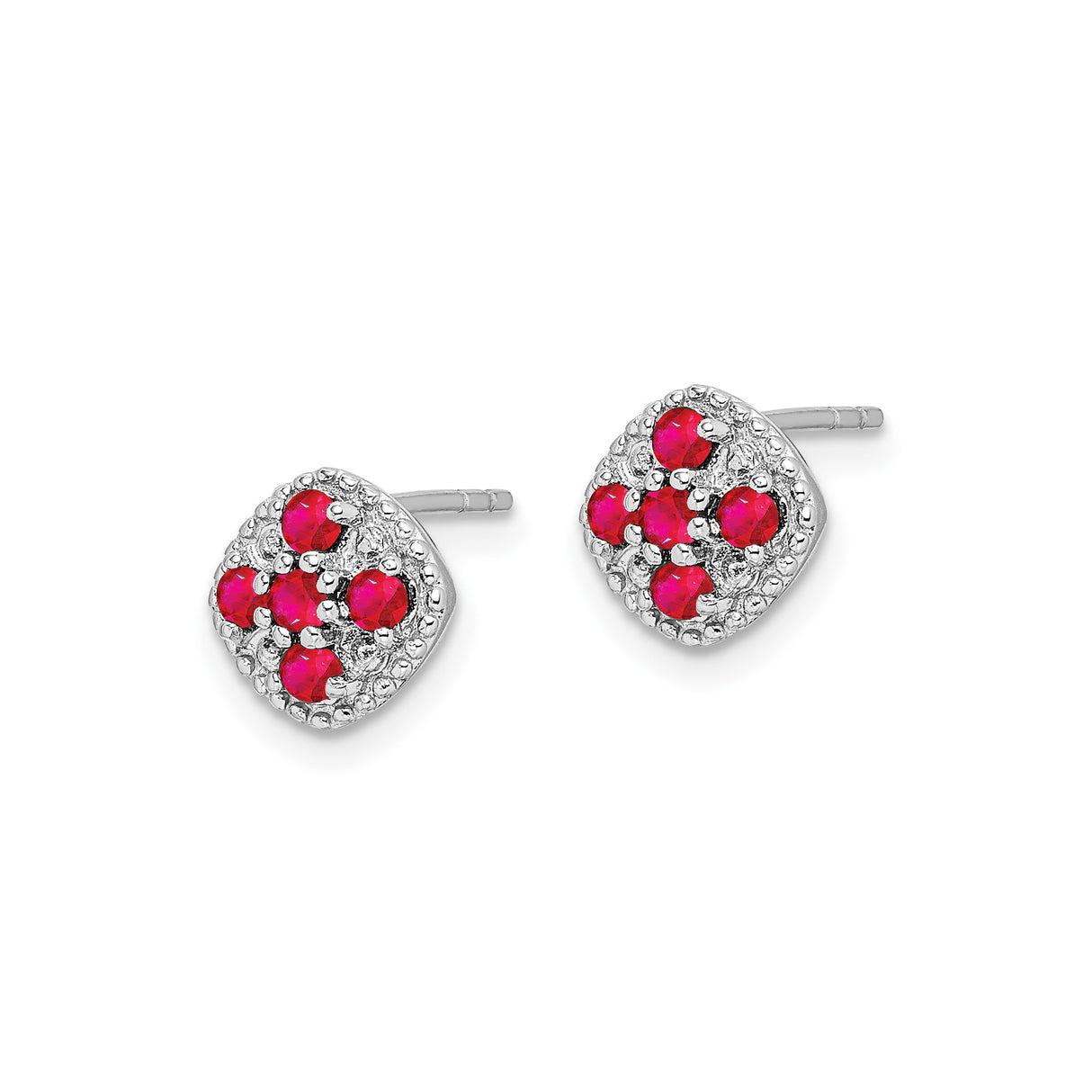 Sterling Silver Cushion Stud Earrings with Ruby Cluster in Floral Cross Design