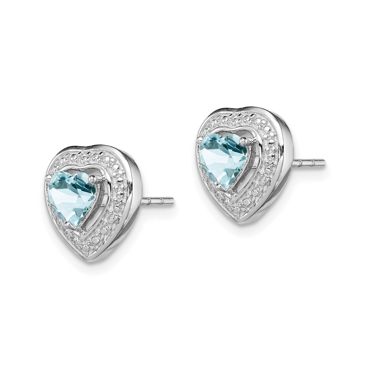Sterling Silver Heart Stud Earrings with Aquamarine and Textured Halo Design