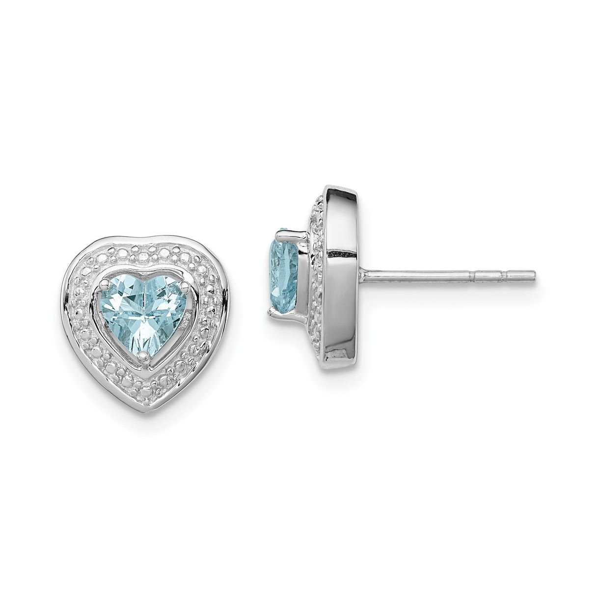 Sterling Silver Heart Stud Earrings with Aquamarine and Textured Halo Design