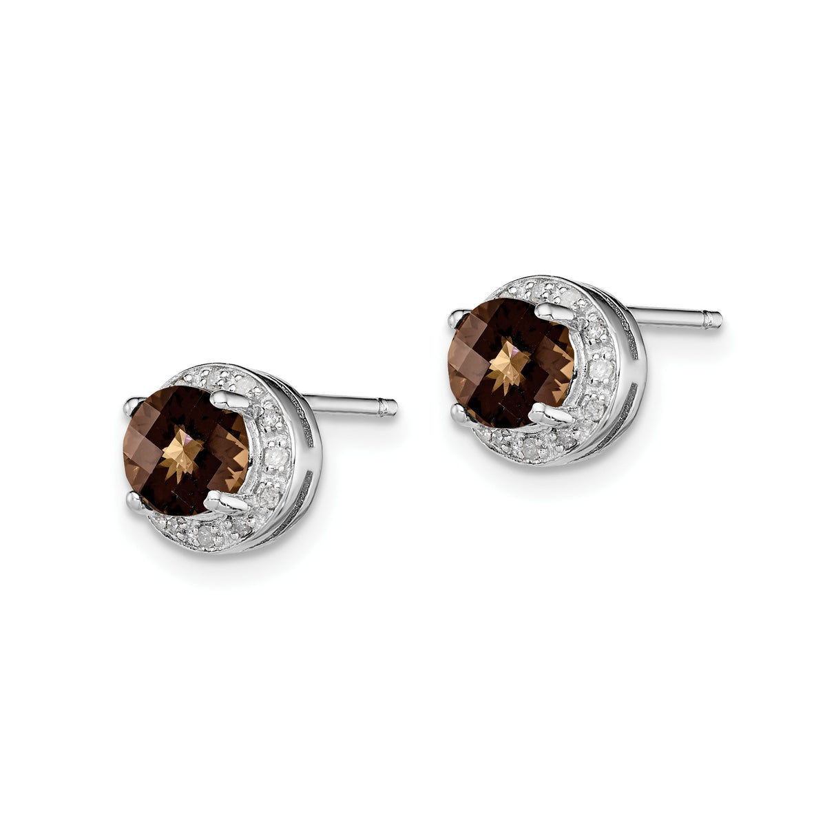 Sterling Silver Stud Earrings with Smoky Quartz and Diamond Accents, Halo Style for Women
