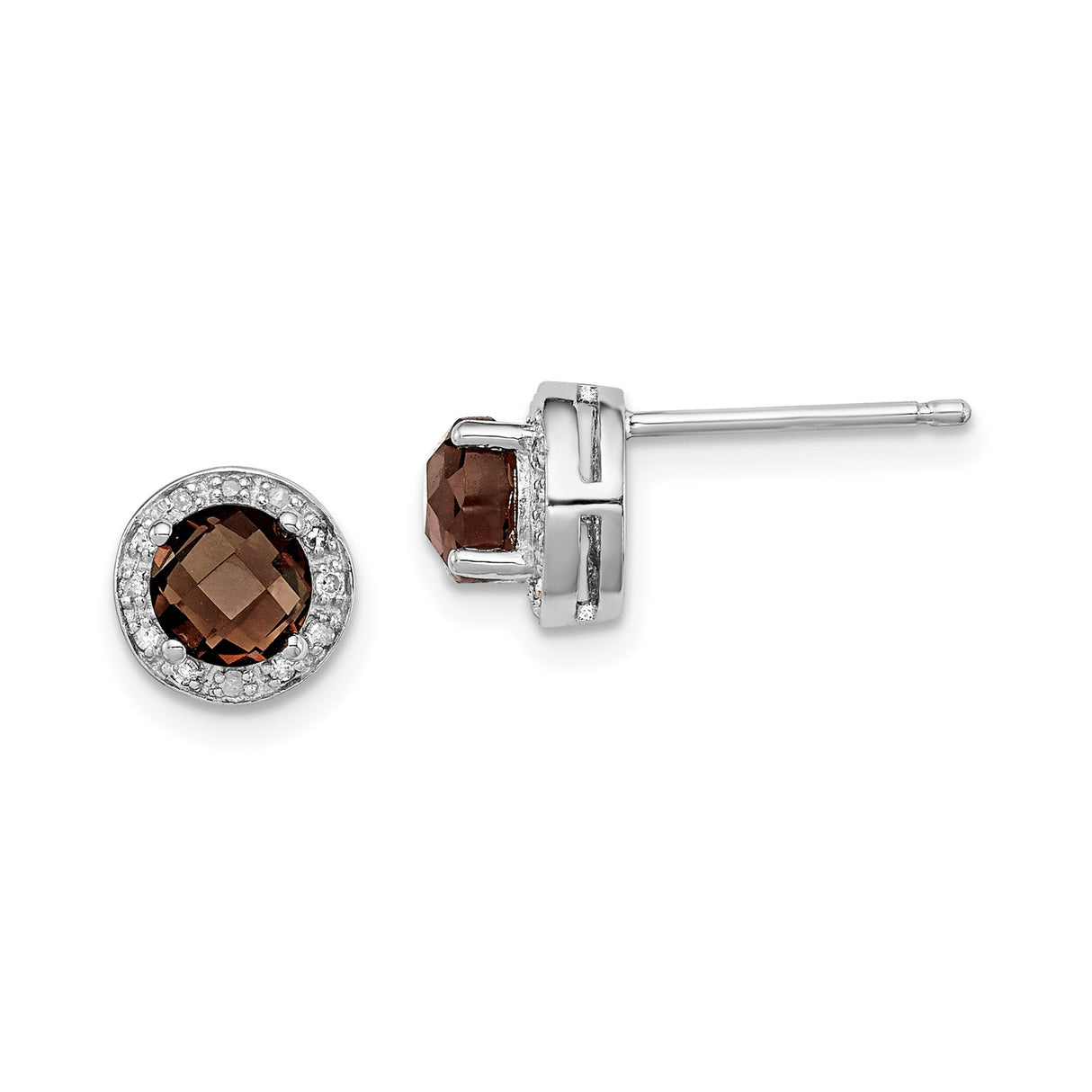 Sterling Silver Stud Earrings with Smoky Quartz and Diamond Accents, Halo Style for Women