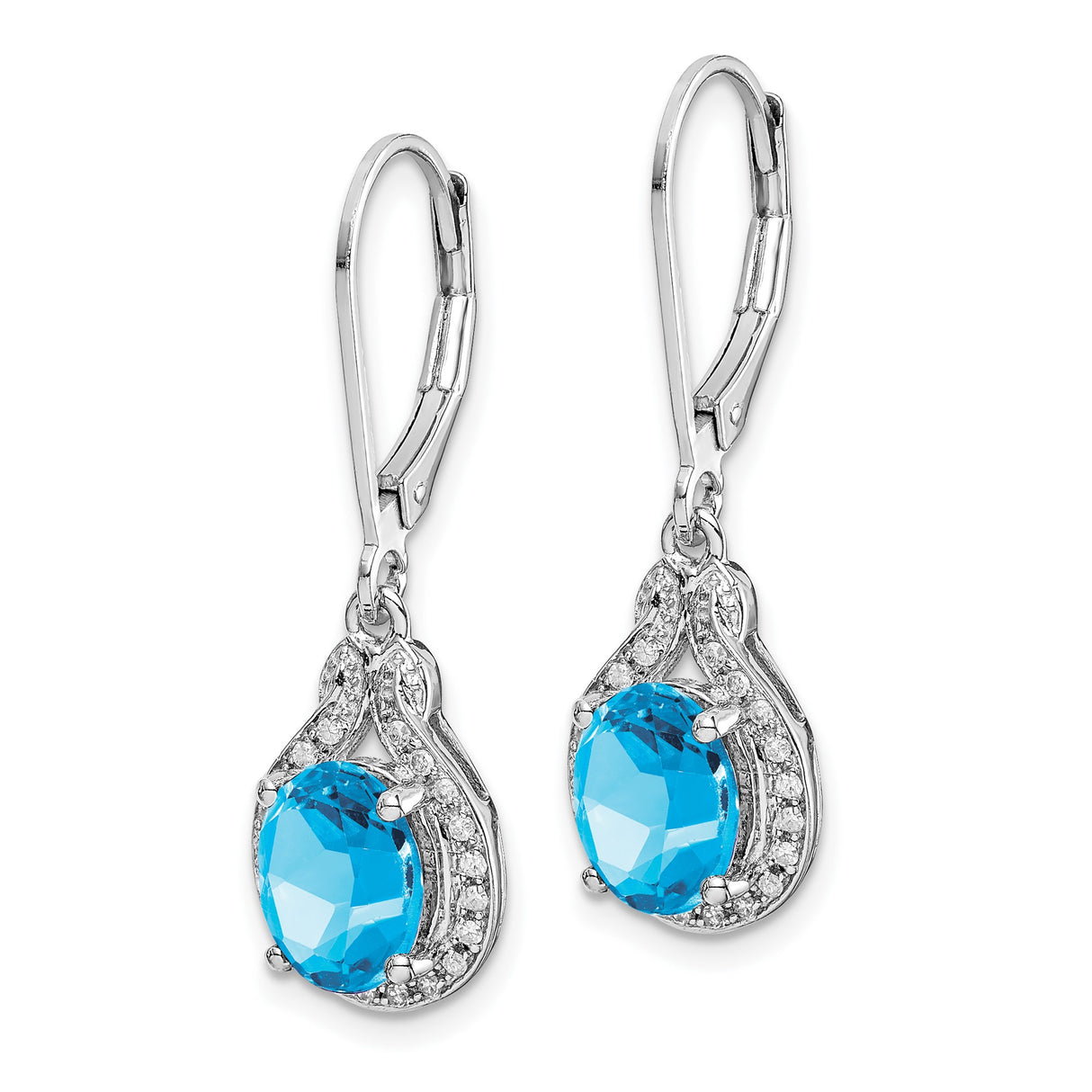 Sterling Silver Dangle Earrings with Swiss Blue Topaz and Diamond Accents, Teardrop Leverback Design