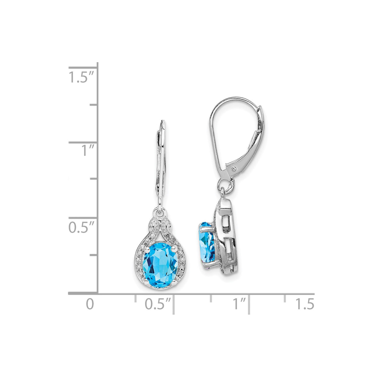 Sterling Silver Dangle Earrings with Swiss Blue Topaz and Diamond Accents, Teardrop Leverback Design