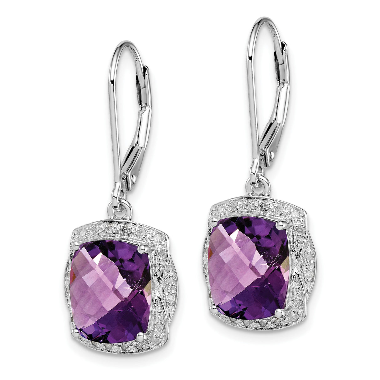 Sterling Silver Dangle Earrings with Cushion Cut Amethyst and Diamond Halo Leverback Design