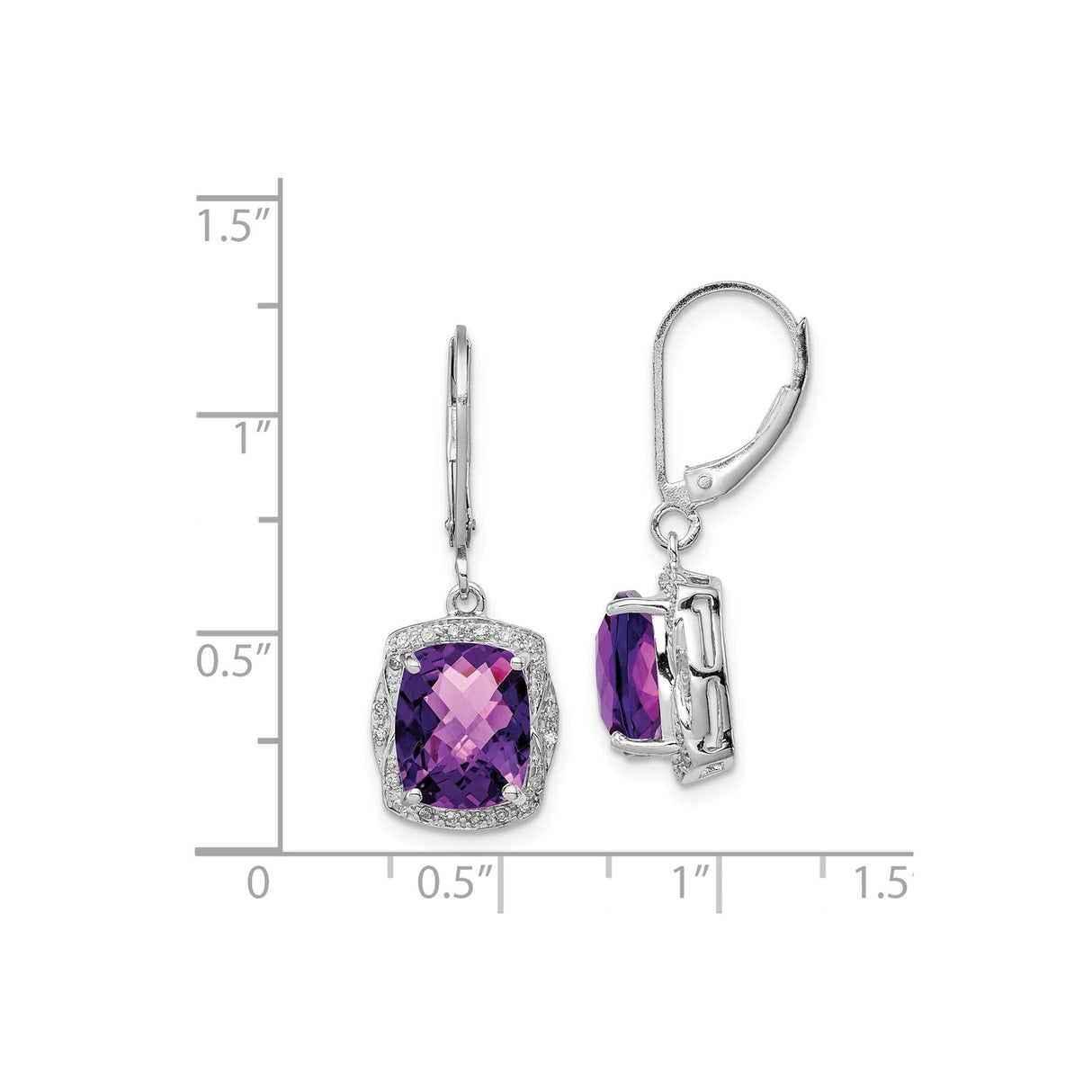 Sterling Silver Dangle Earrings with Cushion Cut Amethyst and Diamond Halo Leverback Design