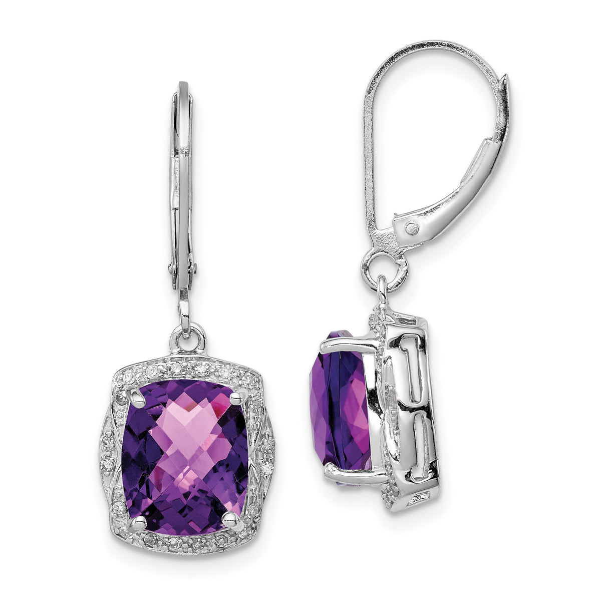 Sterling Silver Dangle Earrings with Cushion Cut Amethyst and Diamond Halo Leverback Design