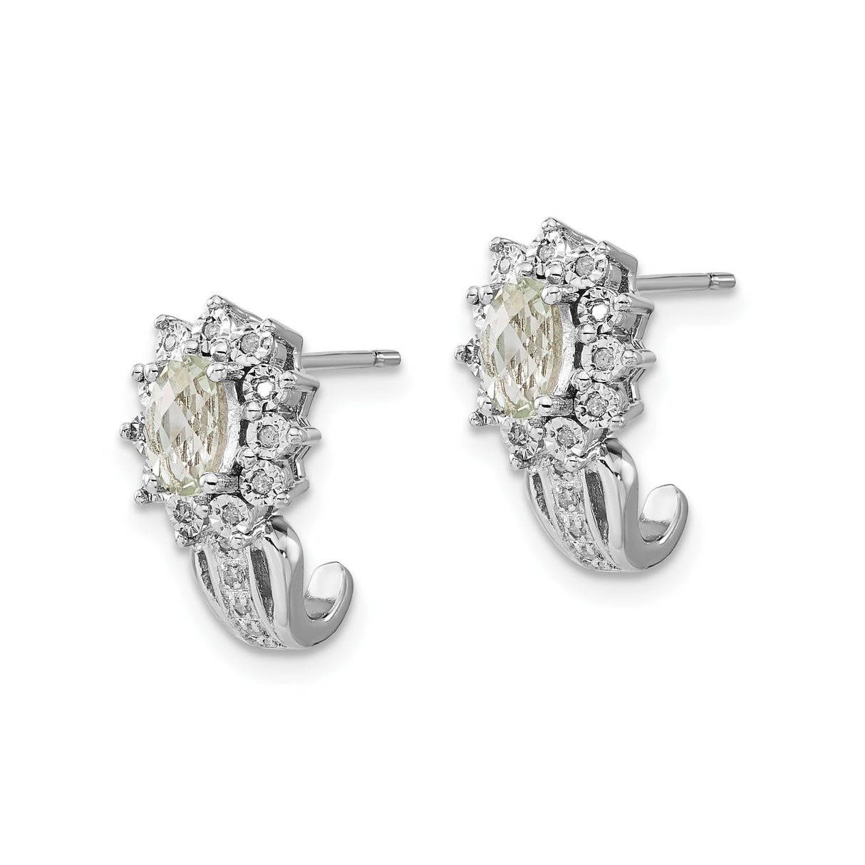 Sterling Silver Earrings with Prasiolite and Diamond Accents, Oval Floral Halo Studs