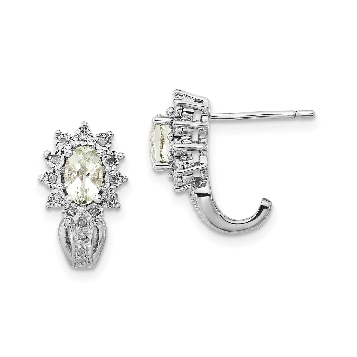 Sterling Silver Earrings with Prasiolite and Diamond Accents, Oval Floral Halo Studs