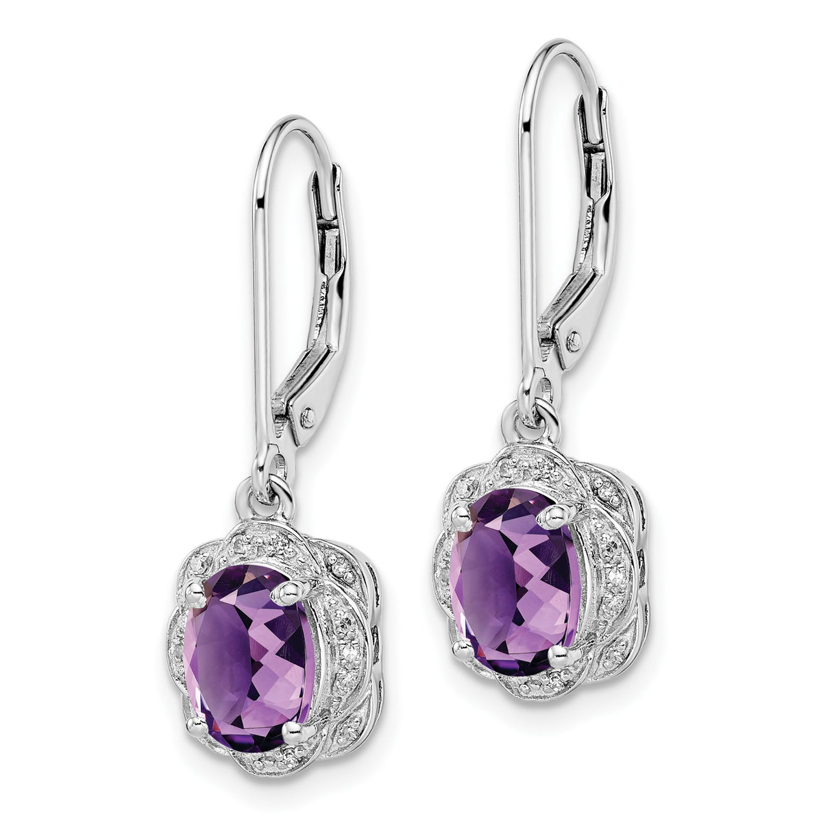 Sterling Silver Dangle Earrings with Oval Amethyst and Halo Diamonds Floral Design