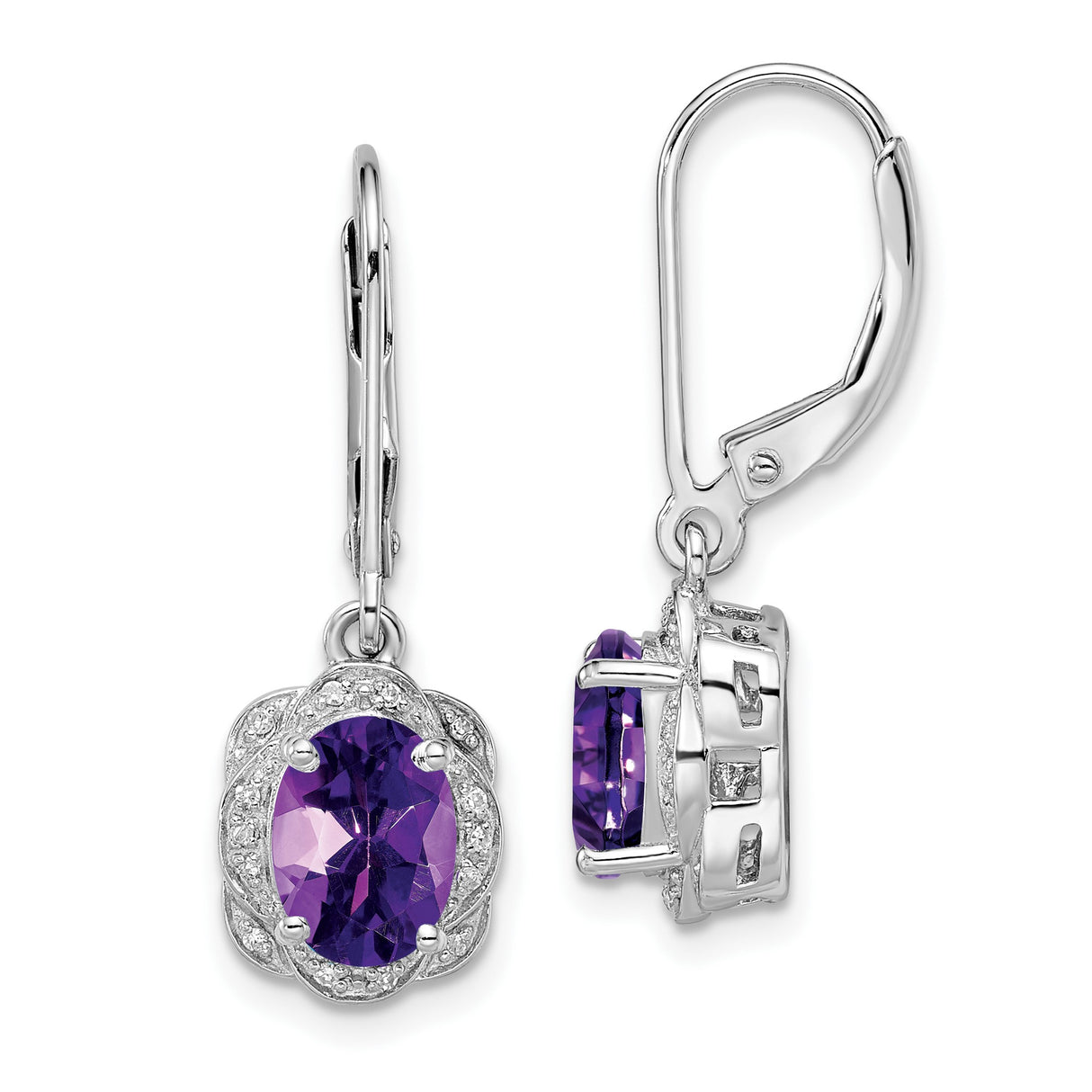 Sterling Silver Dangle Earrings with Oval Amethyst and Halo Cubic Zirconia Floral Design