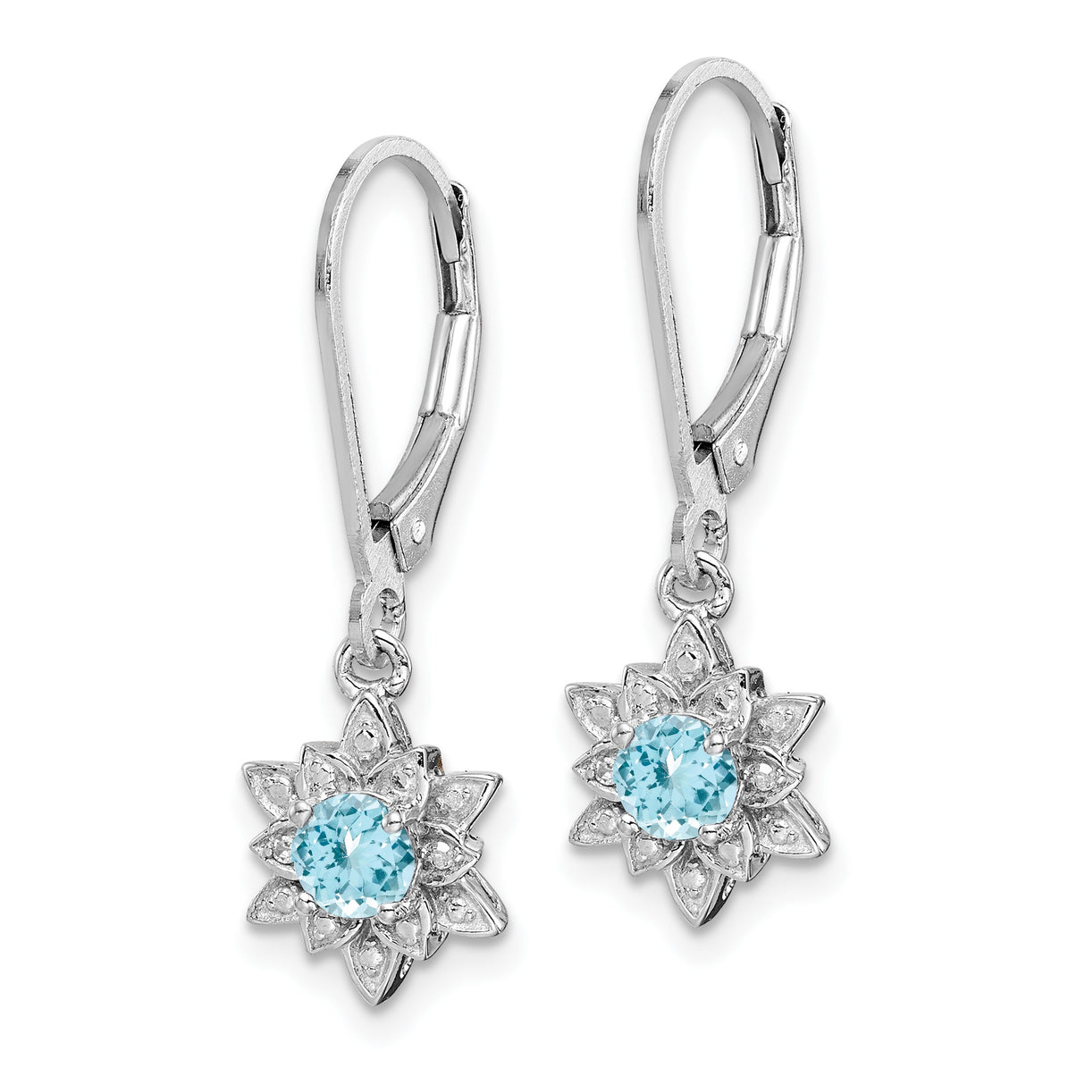 Sterling Silver Dangle Earrings with Swiss Blue Topaz and Diamond in Starburst Floral Design