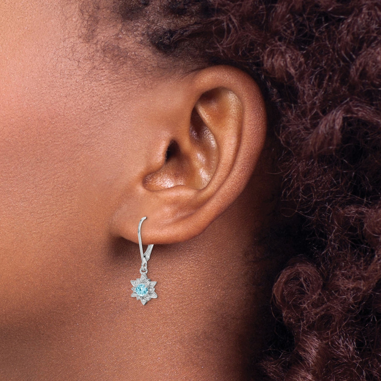 Sterling Silver Dangle Earrings with Swiss Blue Topaz and Diamond in Starburst Floral Design