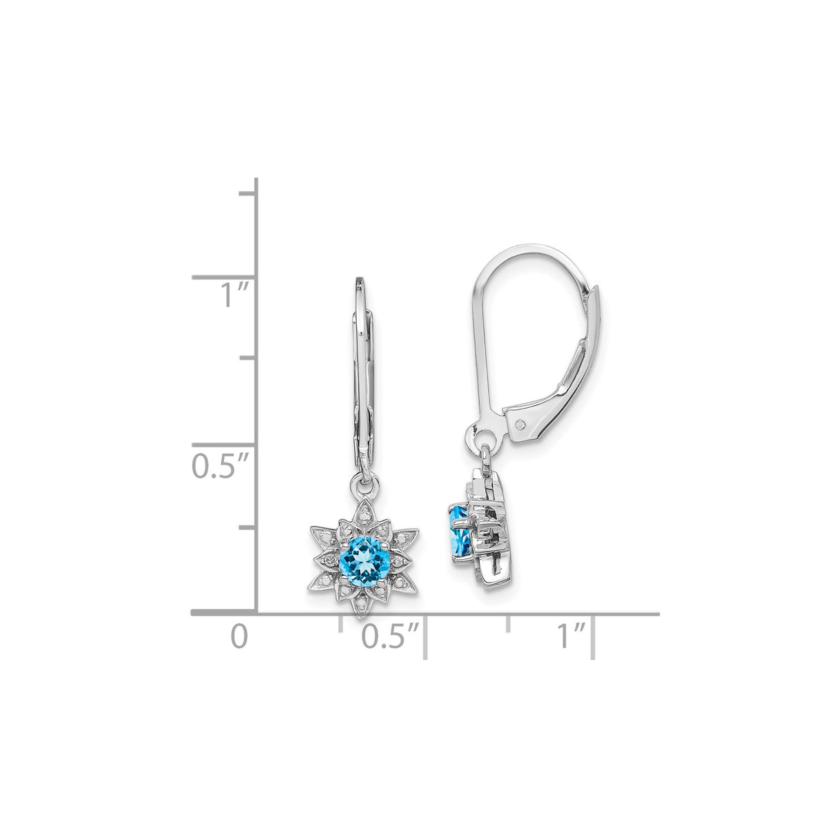 Sterling Silver Dangle Earrings with Swiss Blue Topaz and Diamond in Starburst Floral Design