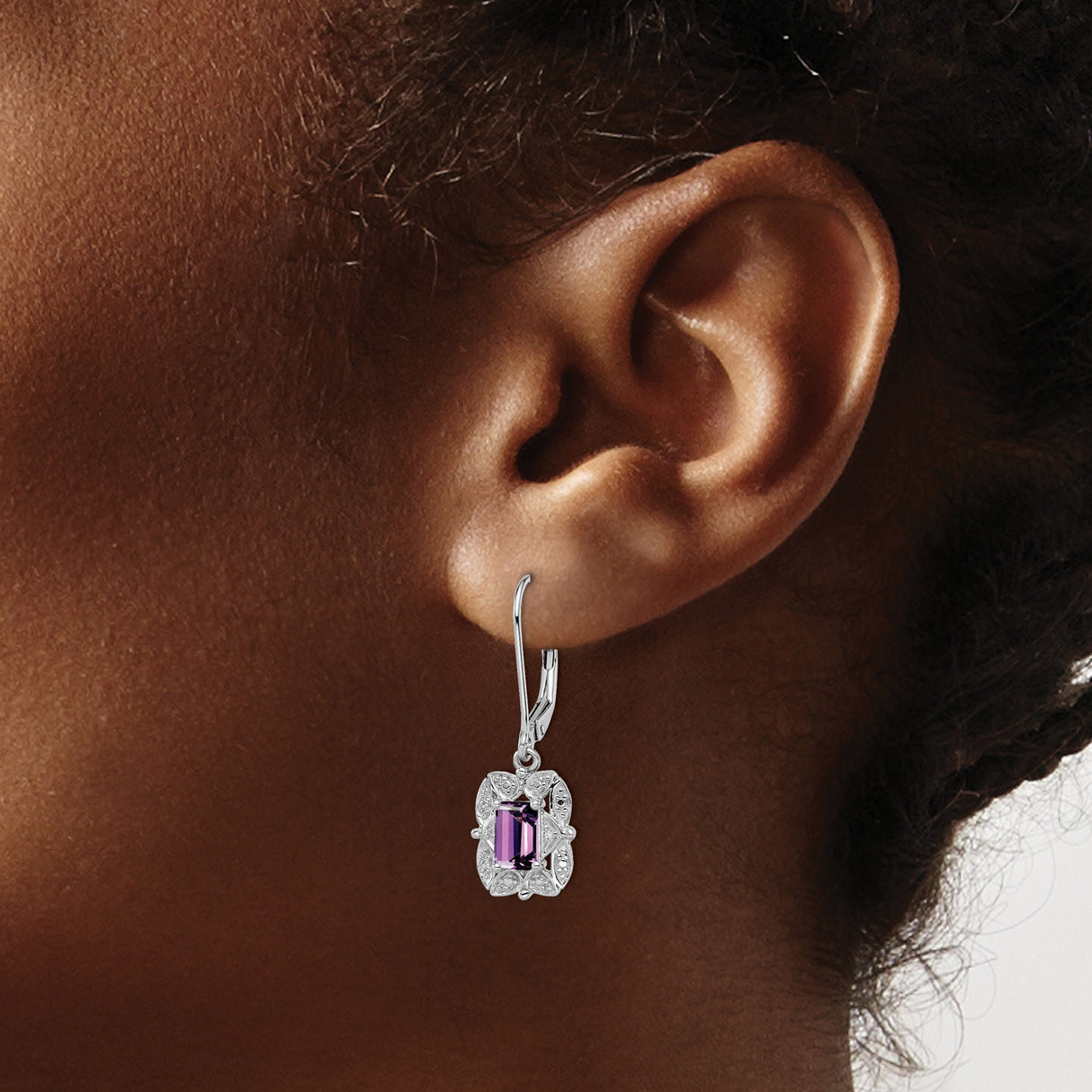 Sterling Silver Dangle Earrings with Amethyst and Diamond, Floral Motif, Vintage Style