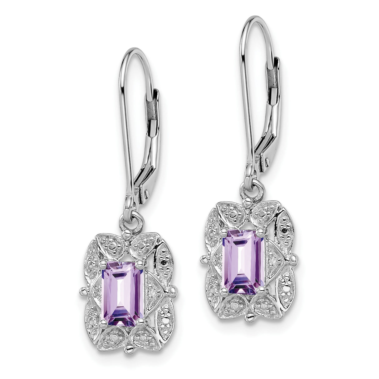 Sterling Silver Drop Earrings with Amethyst and Diamond Accents, Vintage Filigree Leverback Design