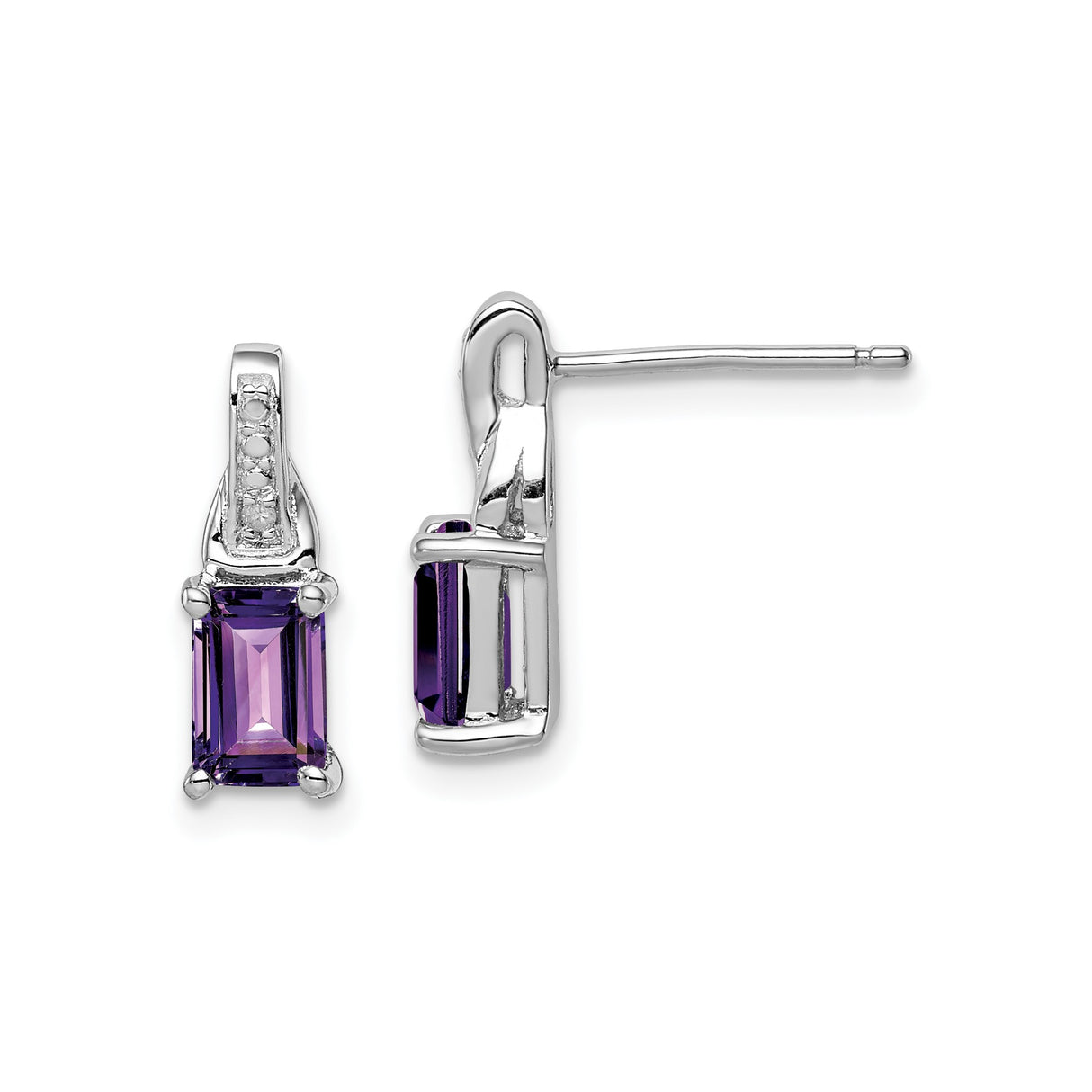 Sterling Silver Amethyst Stud Earrings with Diamond Accents, Rectangular Cut, Minimalist Style