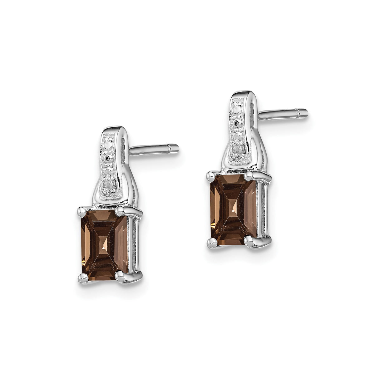 Sterling Silver Earrings with Rectangular Smoky Quartz and Diamond Accents, Modern Studs for Women