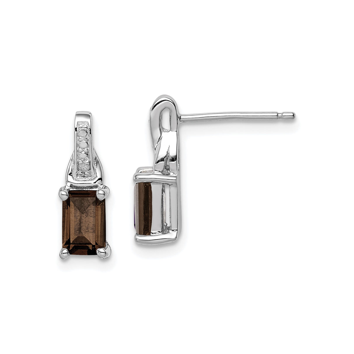 Sterling Silver Earrings with Rectangular Smoky Quartz and Diamond Accents, Modern Studs for Women