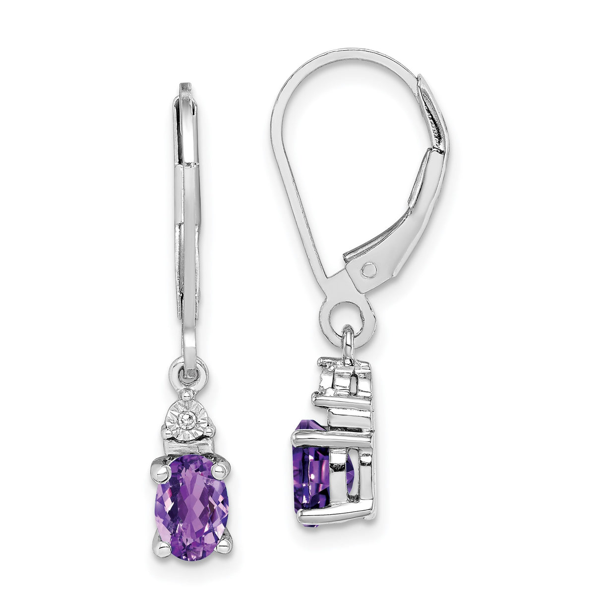 Sterling Silver Dangle Earrings with Oval Amethyst Drops and Diamond Accents