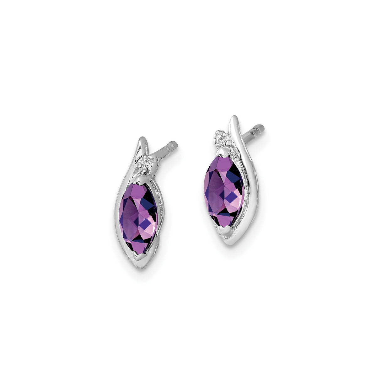 Sterling Silver Marquise Amethyst Stud Earrings with Diamonds Leaf Design