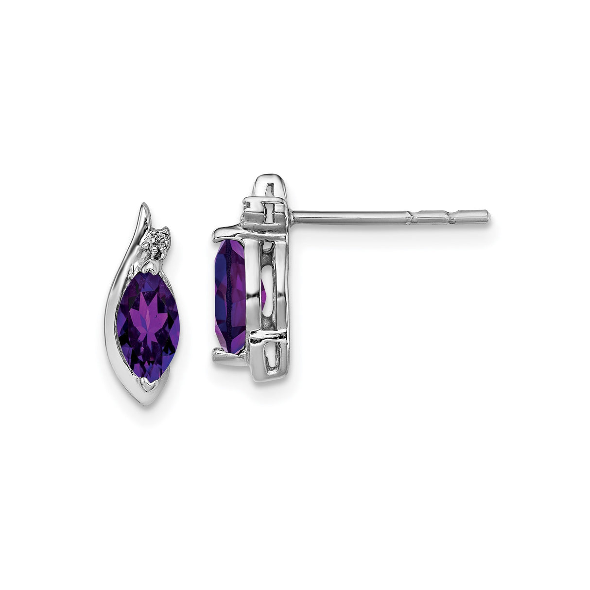 Sterling Silver Marquise Amethyst Stud Earrings with Cubic Zirconia Leaf Design