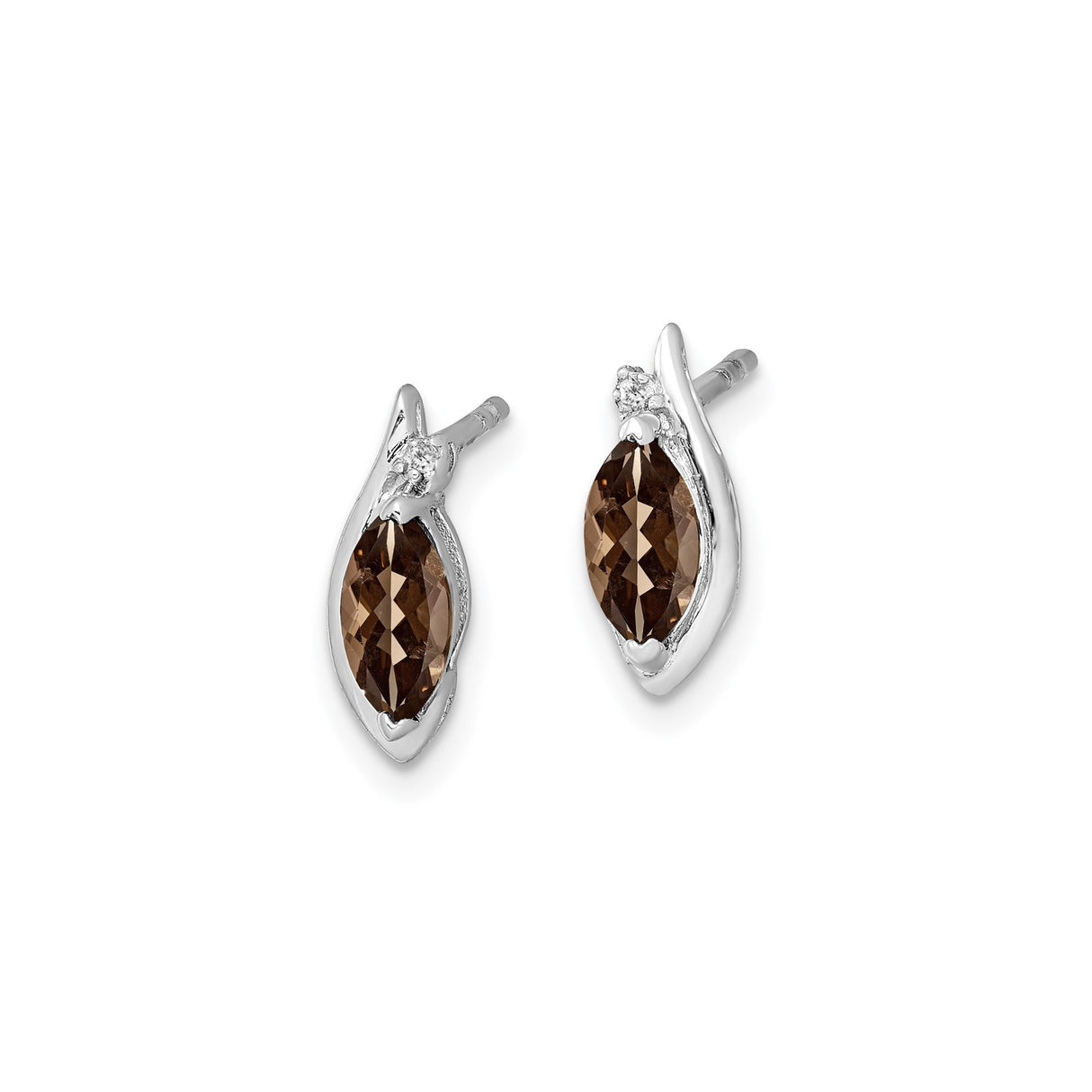 Sterling Silver Stud Earrings with Marquise Cut Smoky Quartz and Diamond Accent, Flame Design