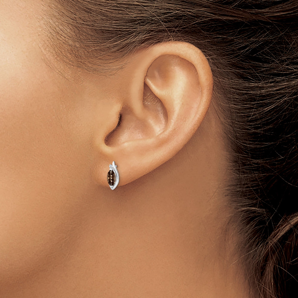 Sterling Silver Stud Earrings with Marquise Cut Smoky Quartz and Diamond Accent, Flame Design