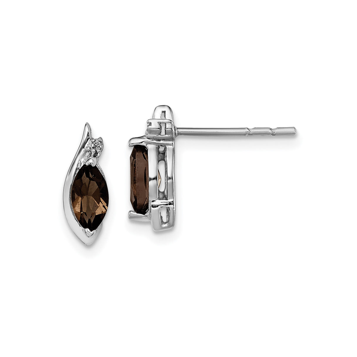 Sterling Silver Stud Earrings with Marquise Cut Smoky Quartz and Diamond Accent, Flame Design