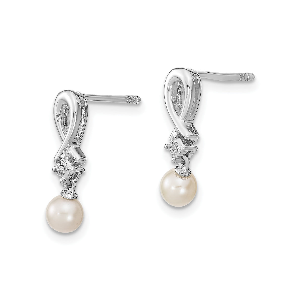 Sterling Silver Drop Earrings with White Pearl and Diamonds Ribbon Design