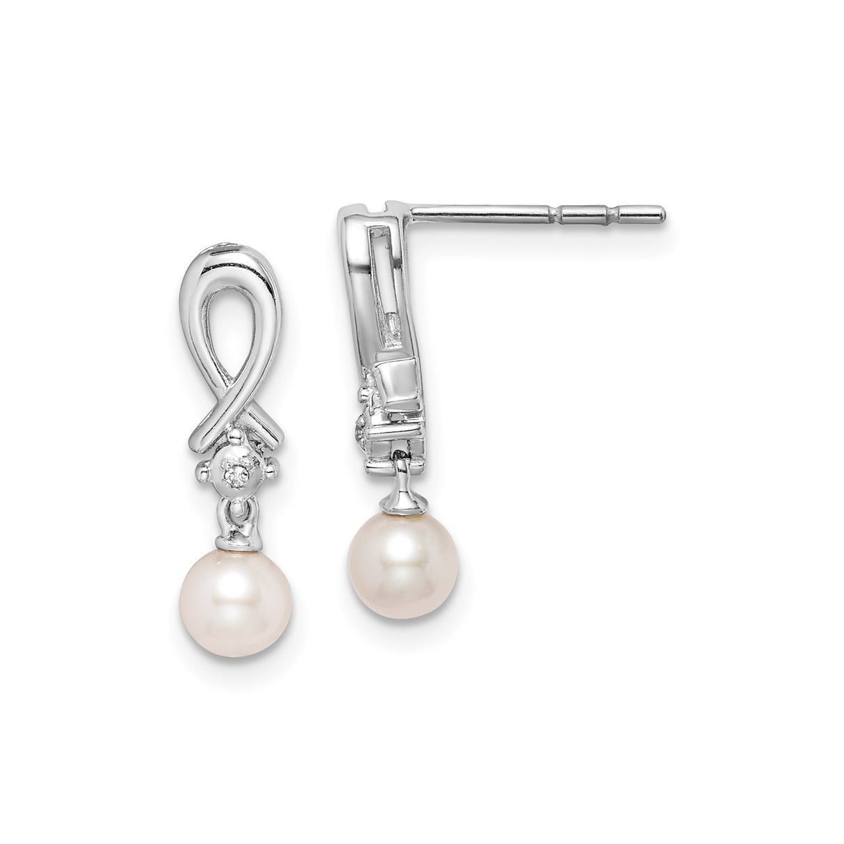Sterling Silver Drop Earrings with White Pearl and Cubic Zirconia Ribbon Design